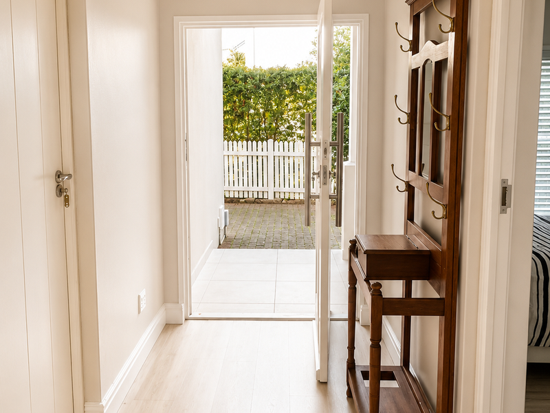 Bright and welcoming entrance hall featuring light-toned laminate flooring, clean neutral walls, and direct access to the outdoor patio area.