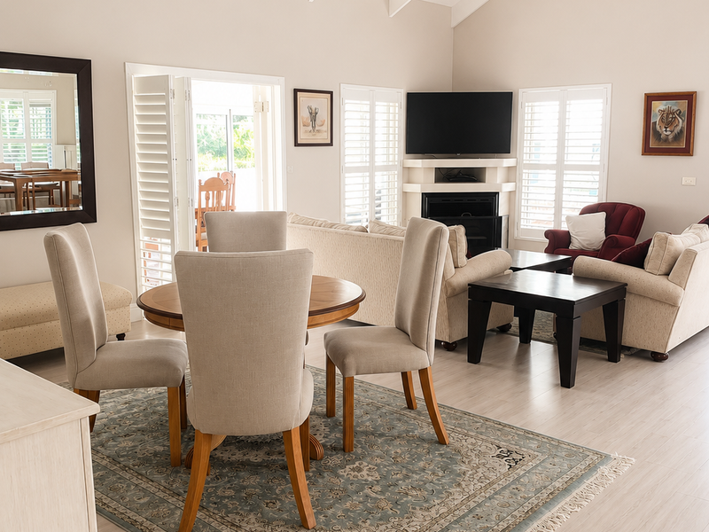Spacious open-plan living and dining area featuring vaulted ceilings with exposed beams, a corner fireplace, and bright natural light through plantation shutters.