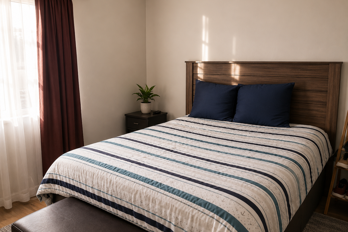 A well-maintained bedroom featuring laminate flooring and natural light through a window with curtain fixtures.