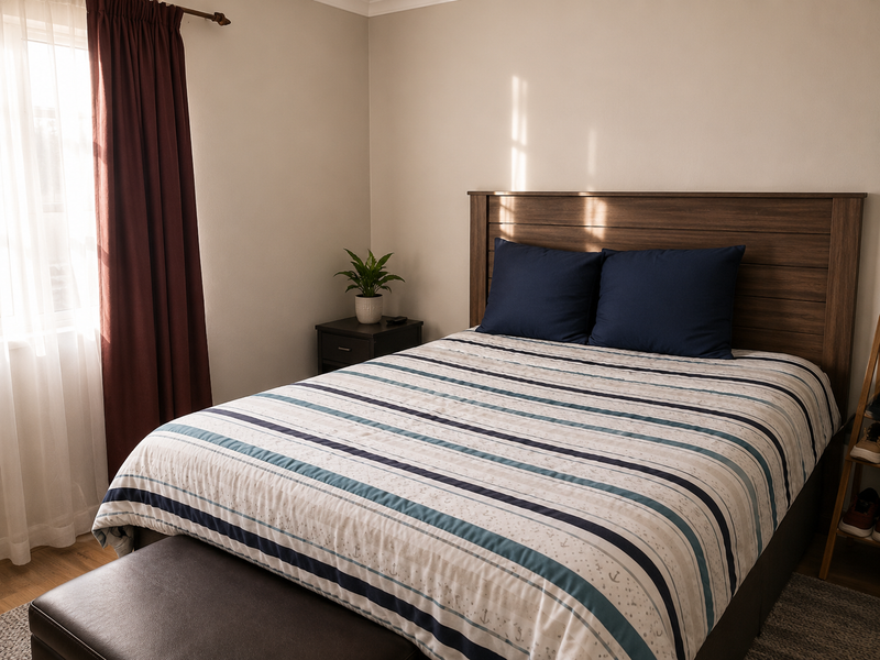 A well-maintained bedroom featuring laminate flooring and natural light through a window with curtain fixtures.
