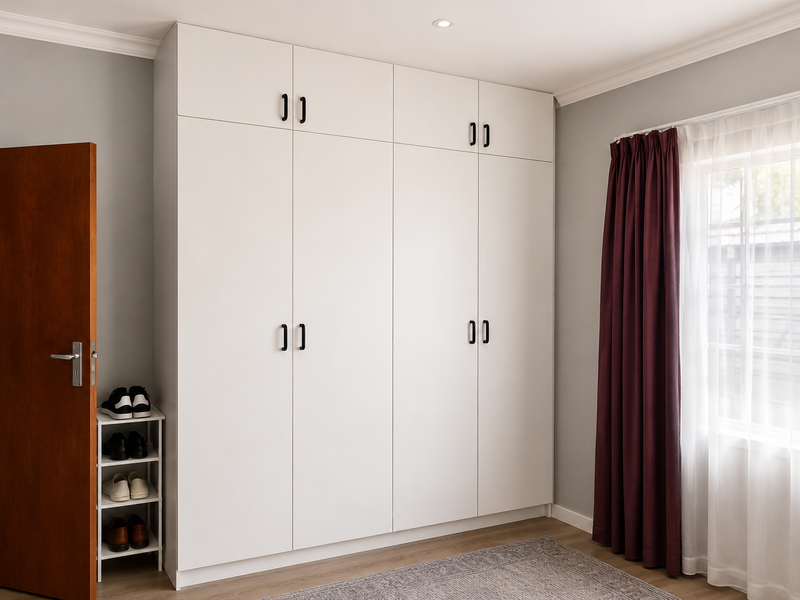 A well-maintained bedroom featuring a large, modern white built-in wardrobe with matte black handles and recessed ceiling lighting.