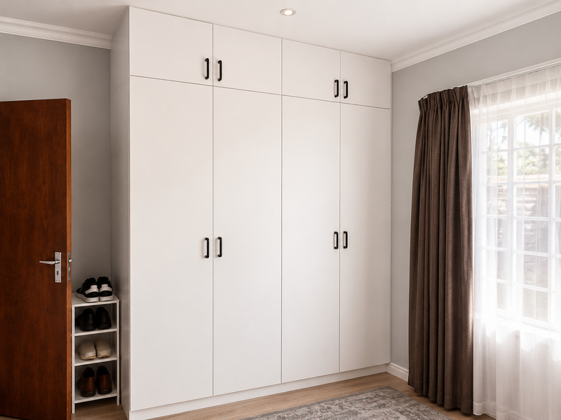 A well-maintained bedroom featuring a large, modern white built-in wardrobe with matte black handles and neutral finishes.