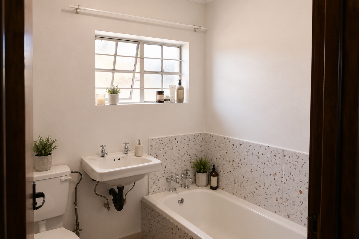 A clean, well-maintained bathroom featuring a wall-mounted basin, a bathtub with modern terrazzo-style tiling, and a window with security bars.