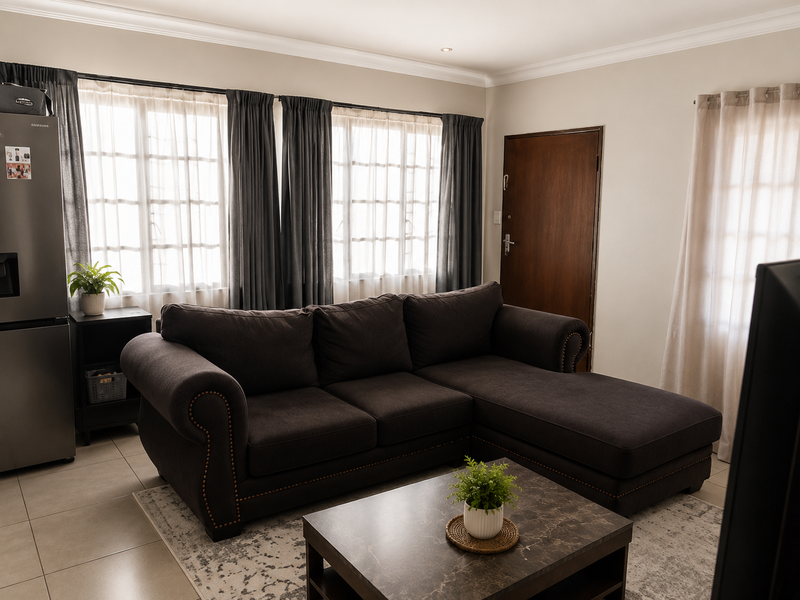 A well-lit living room featuring tiled flooring, coved cornicing, and large multi-pane windows that provide ample natural light.