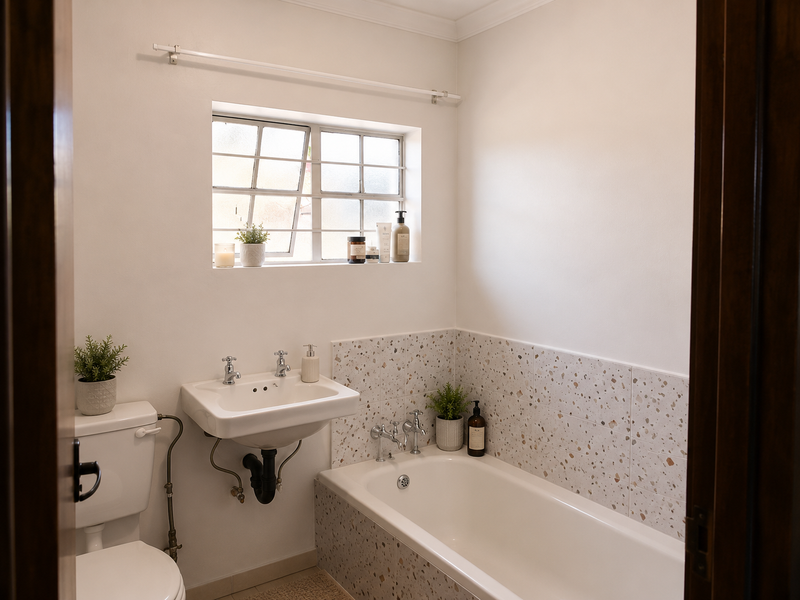 A clean, well-maintained bathroom featuring a wall-mounted basin, a bathtub with modern terrazzo-style tiling, and a window with security bars.