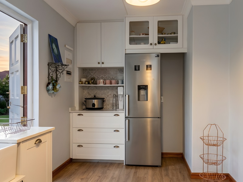A bright kitchen area featuring white cabinetry, patterned tile backsplash, laminate flooring, and direct access to the garden through a side door.