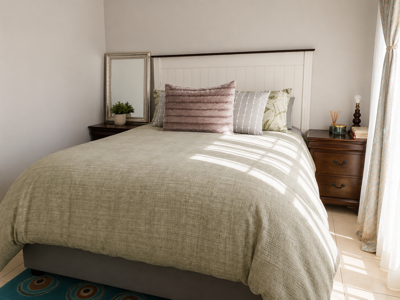 A well-lit bedroom featuring neutral wall tones and tiled flooring, providing a comfortable and functional sleeping space.