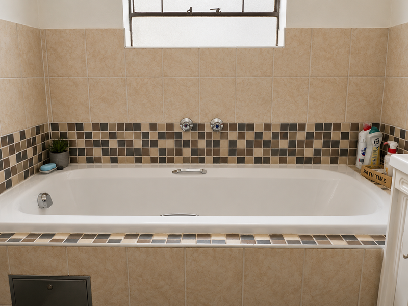 A bathroom featuring a built-in bathtub with wall-mounted mixer taps and decorative mosaic tile detailing.