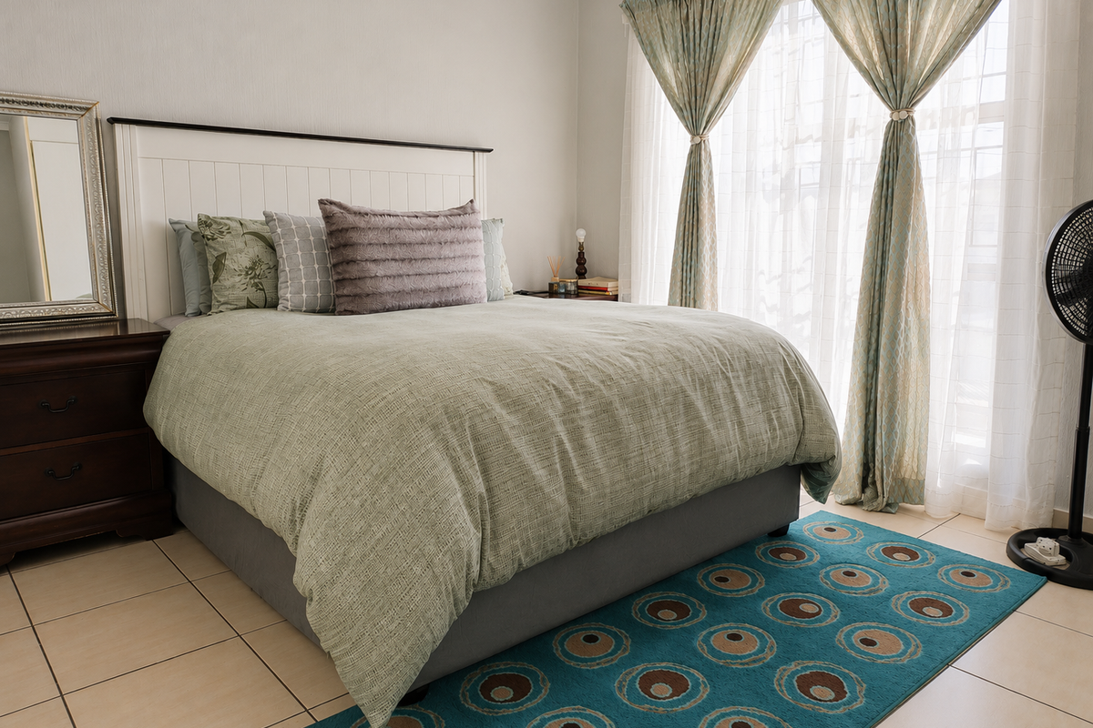 A well-maintained bedroom featuring neutral wall tones, tiled flooring, and large windows with installed curtain tracks.