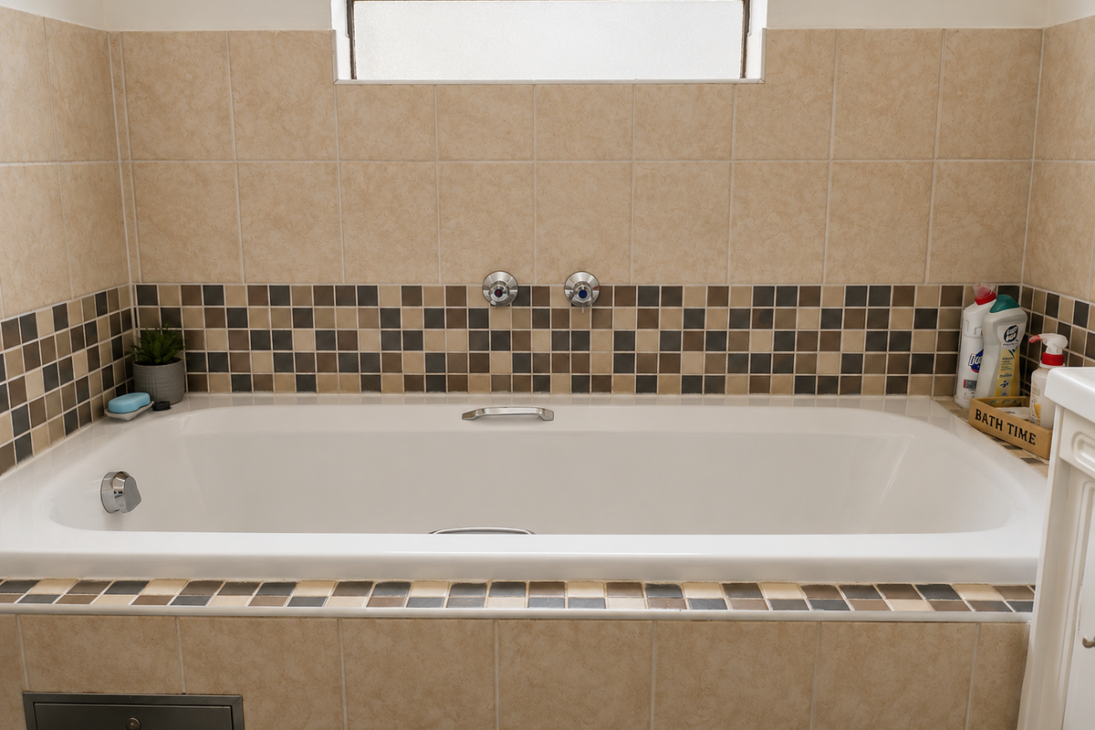A bathroom featuring a built-in bathtub with wall-mounted mixer taps and decorative mosaic tile detailing.