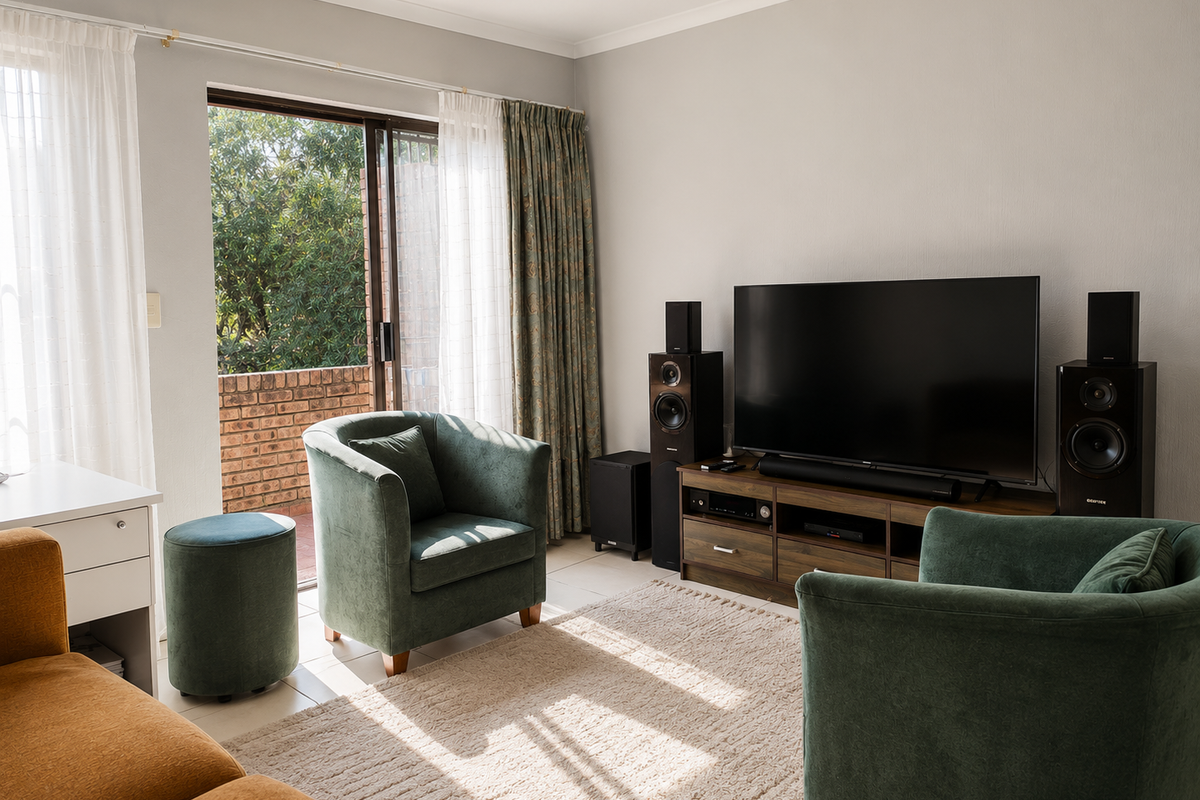 A comfortable living room featuring tiled flooring, cove cornicing, and a sliding glass door providing access to an outdoor balcony area.