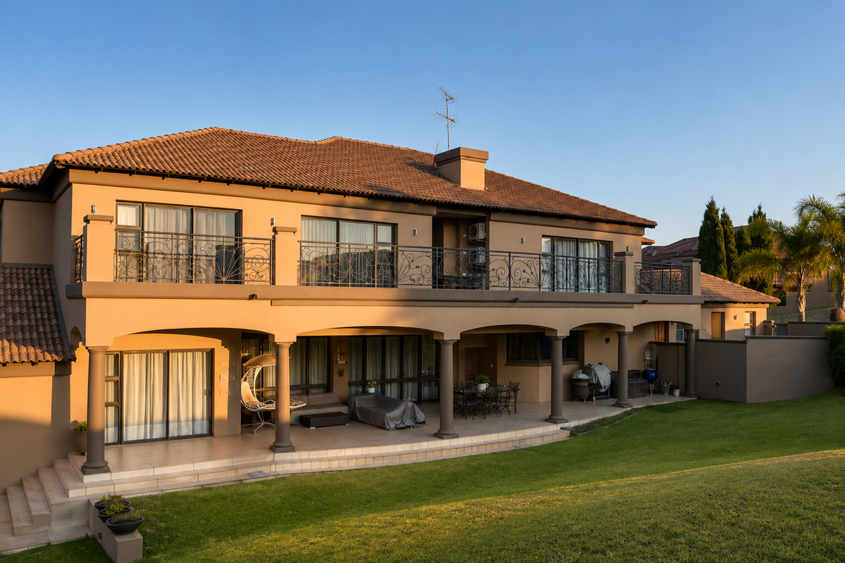A spacious rear elevation of a two-story house featuring a large covered patio, an expansive upper balcony with decorative railings, and well-maintained garden space.