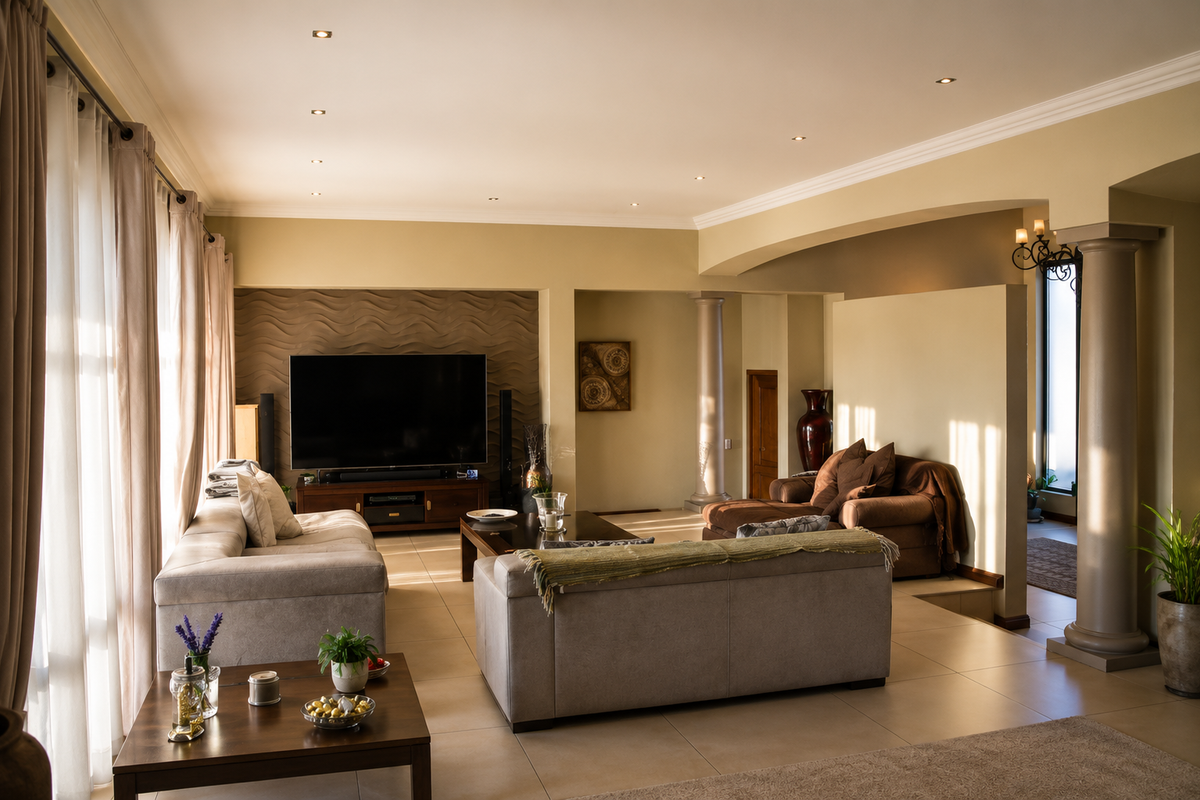 Spacious living room featuring a textured feature wall, decorative columns, recessed lighting, and large windows allowing for ample natural light.