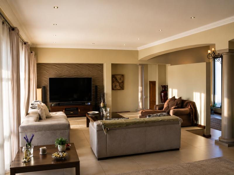 Spacious living room featuring a textured feature wall, decorative columns, recessed lighting, and large windows allowing for ample natural light.