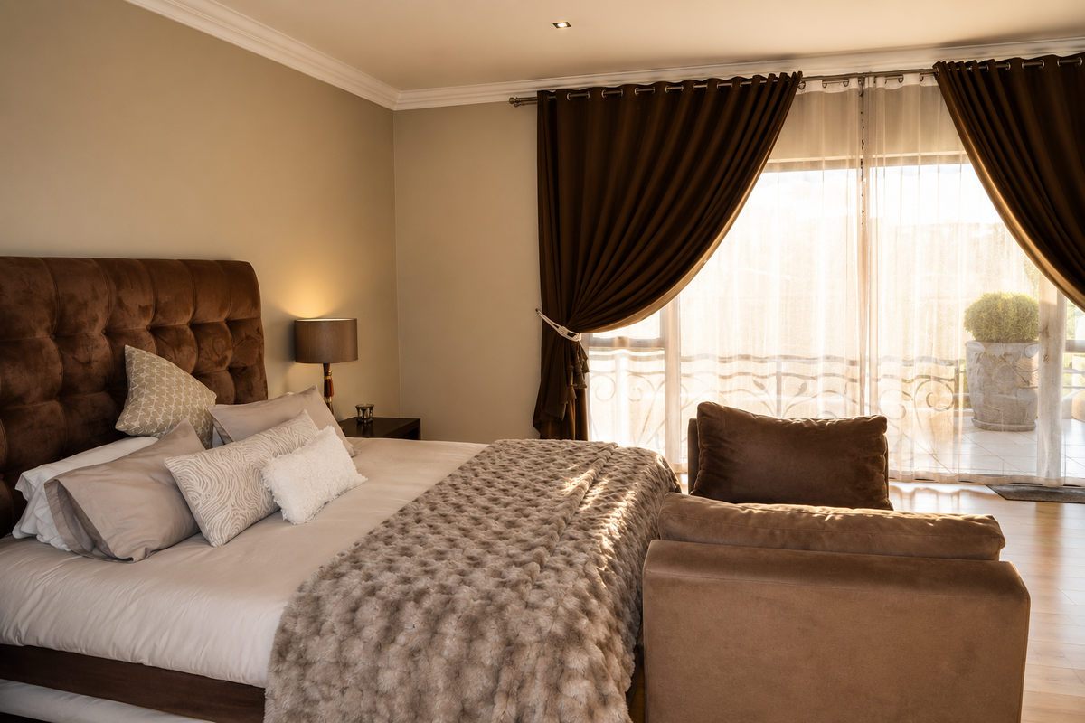 A well-appointed bedroom featuring crown molding, recessed lighting, and a large sliding glass door providing access to an outdoor balcony area.