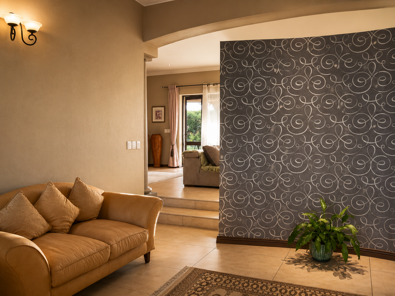 A living area featuring a distinct patterned feature wall, tiled flooring, and an archway leading to an adjacent space with stepped floor transition.