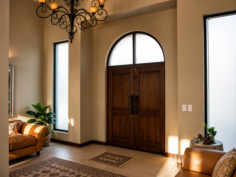 Elegant entrance foyer featuring a grand double wooden door with arched transom, tall side windows, and a decorative wrought iron chandelier.