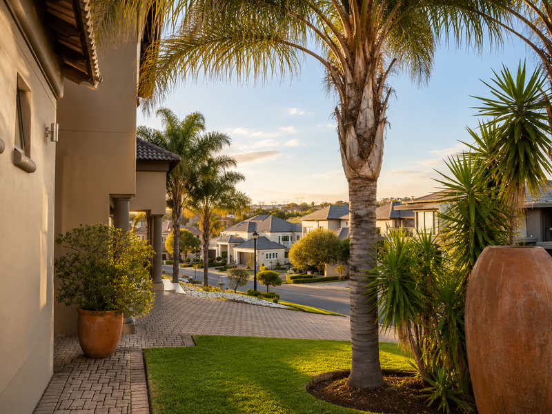 A well-maintained front exterior view featuring a paved driveway, manicured lawn, and mature palm trees in a quiet residential estate setting.