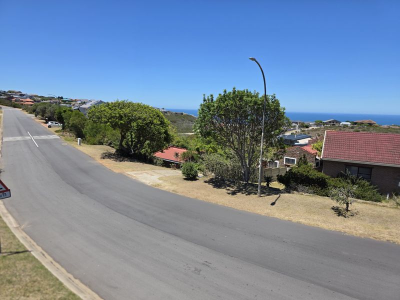 A street-level view of the residential area showing the paved road, surrounding neighborhood homes, and distant ocean views.