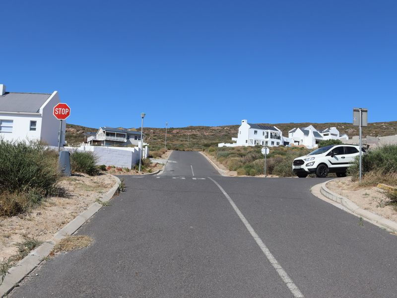A view of the paved residential street and surrounding neighborhood infrastructure in a coastal estate setting.