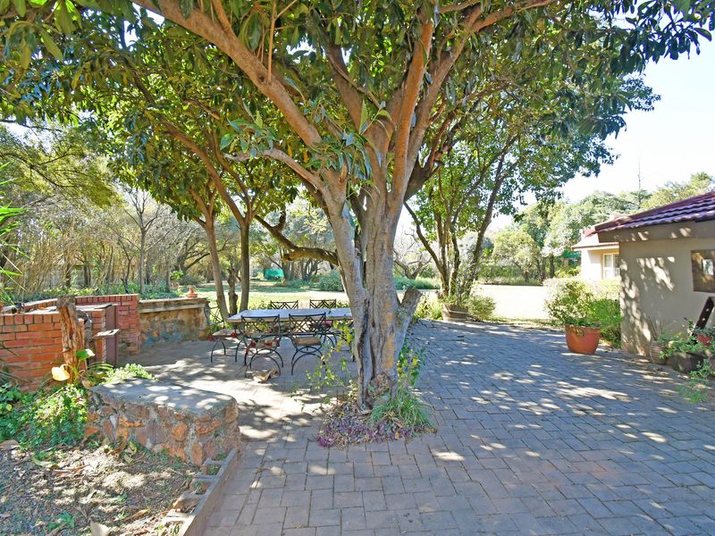 A shaded outdoor patio area featuring paved flooring, a built-in brick braai, and stone retaining walls, set under mature trees in a garden setting.