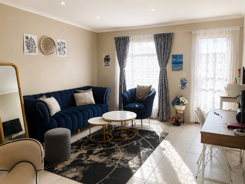 A bright and well-maintained living room featuring neutral wall tones, tiled flooring, and natural light streaming through large windows with curtain treatments.