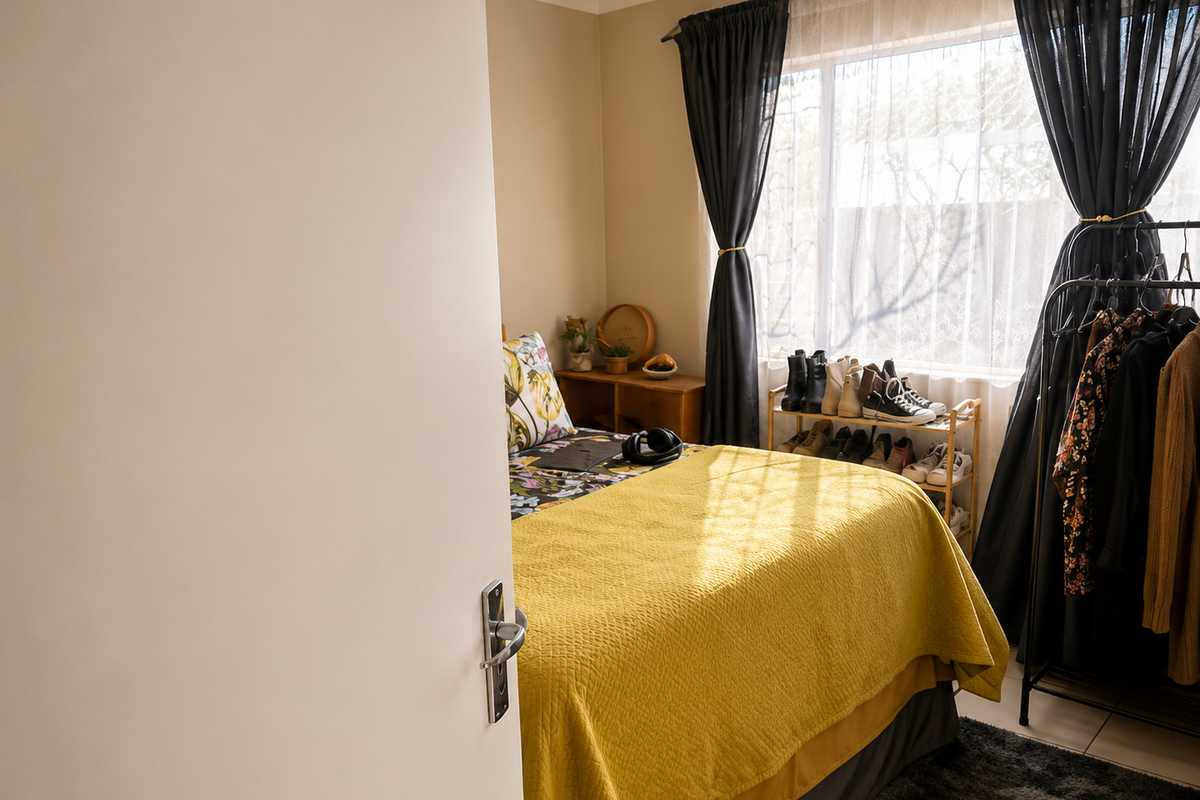 A cozy bedroom featuring natural light through a window, neutral wall tones, and tiled flooring.