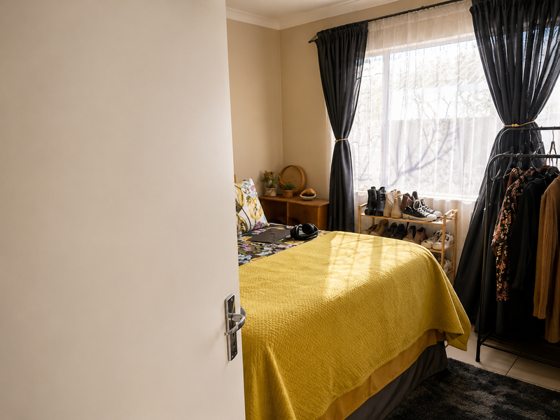 A cozy bedroom featuring natural light through a window, neutral wall tones, and tiled flooring.