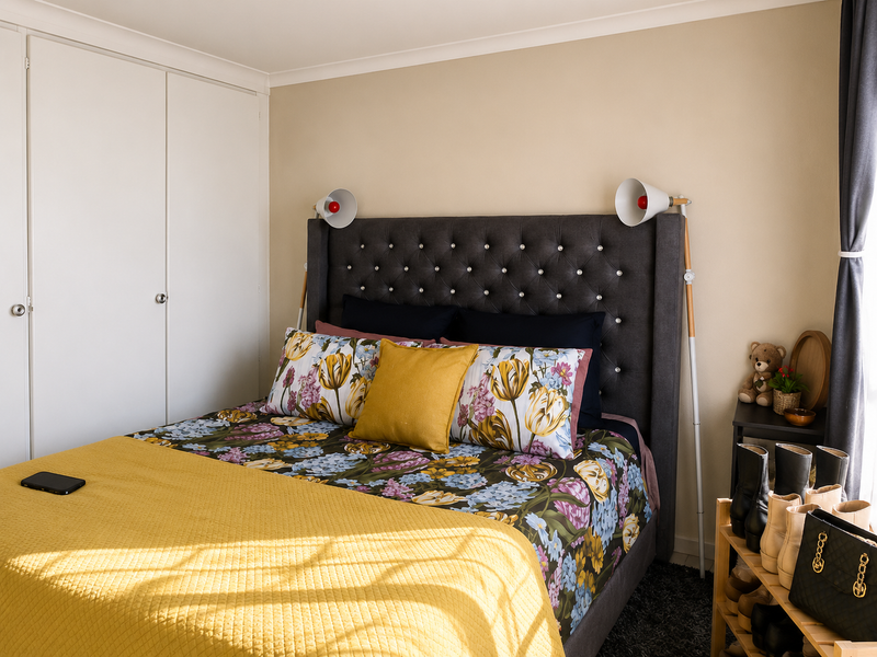 A well-maintained bedroom featuring a built-in wardrobe with white doors and classic coving detail.