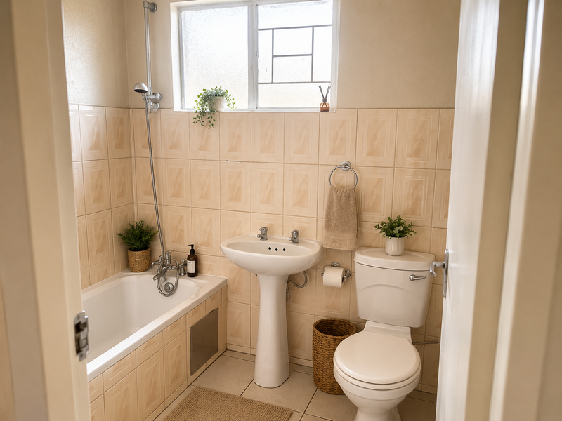 A functional bathroom featuring a pedestal basin, bathtub with shower mixer, and toilet, finished with neutral wall and floor tiling.