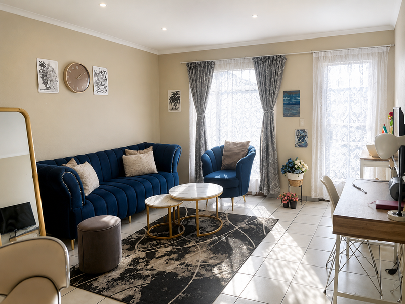 A bright and well-maintained living room featuring tiled flooring, recessed downlighting, and direct access to an outdoor area through a sliding glass door.