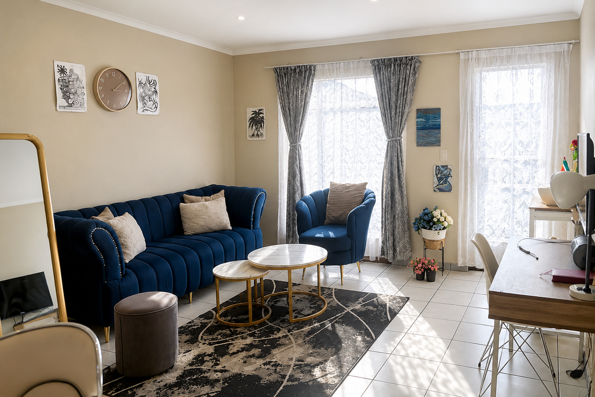 A bright and well-maintained living room featuring tiled flooring, recessed downlighting, and direct access to an outdoor area through a sliding glass door.