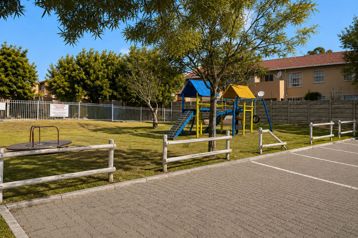Communal outdoor area featuring a paved parking zone, landscaped lawn, and playground equipment enclosed by security fencing.