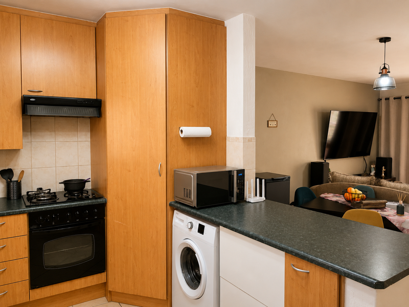Open-plan kitchen featuring wood-finish cabinetry, gas hob, oven, and integrated washing machine, flowing into a comfortable living area with modern lighting.
