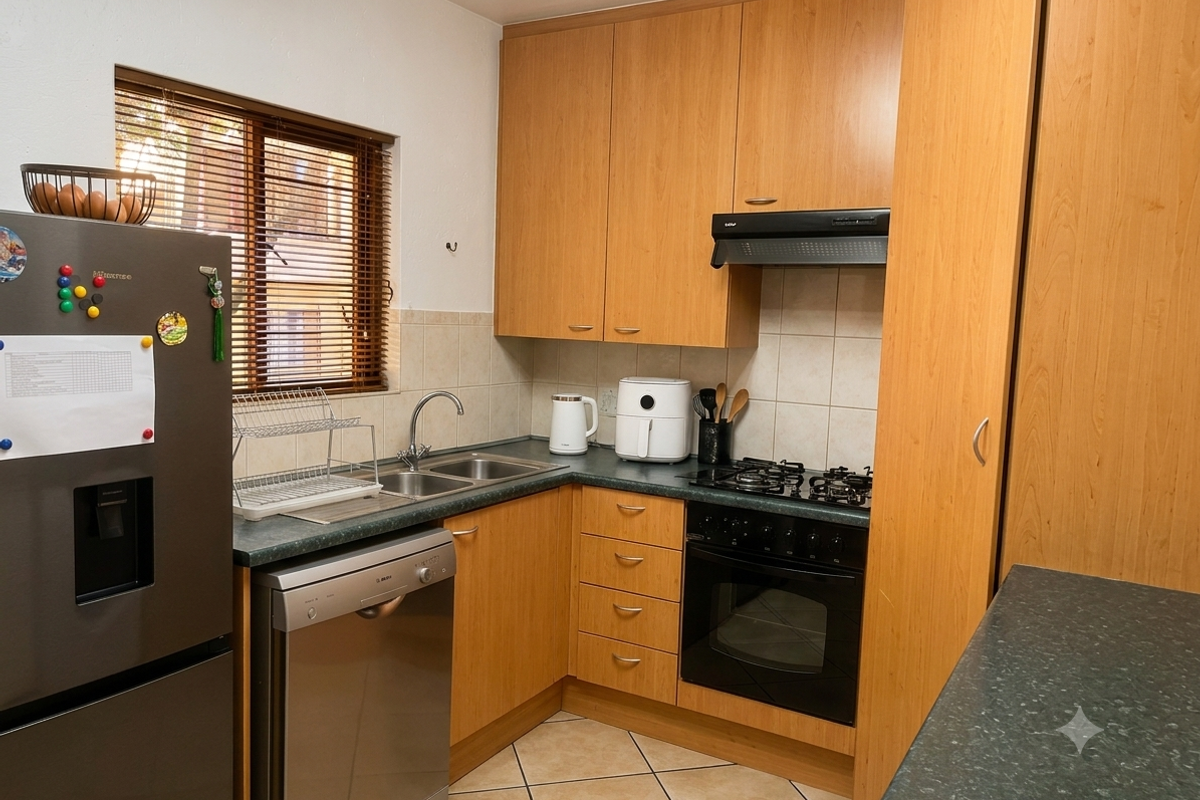 A functional kitchen featuring wood-finish cabinetry, dark laminate countertops, a built-in oven with gas hob, and tiled flooring.