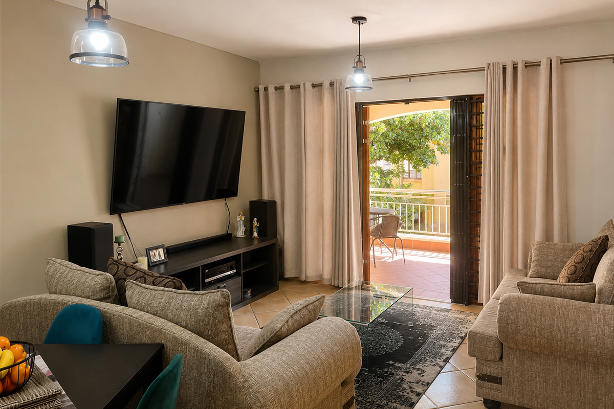 A comfortable living room featuring ceramic tile flooring, pendant lighting, and direct access to an outdoor balcony through a sliding glass door.