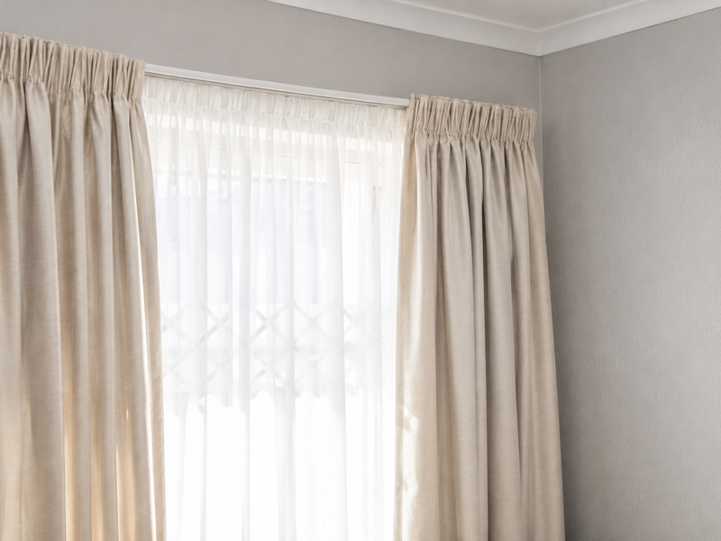 A close-up view of a window featuring neutral-toned curtains and sheer drapes with decorative coving along the ceiling line.