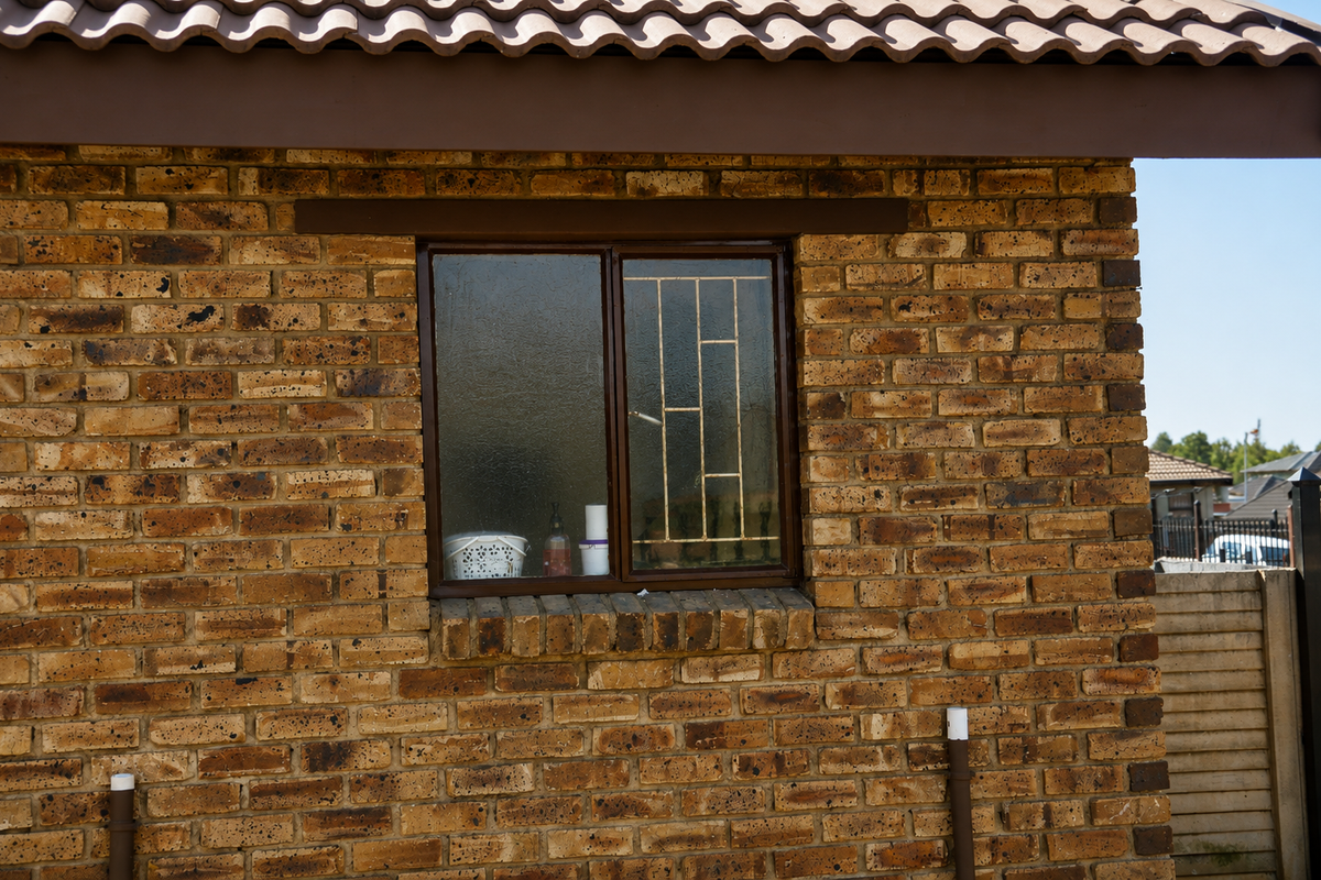 A view of the exterior face brick wall and tiled roof of the townhouse, featuring a window with security bars.