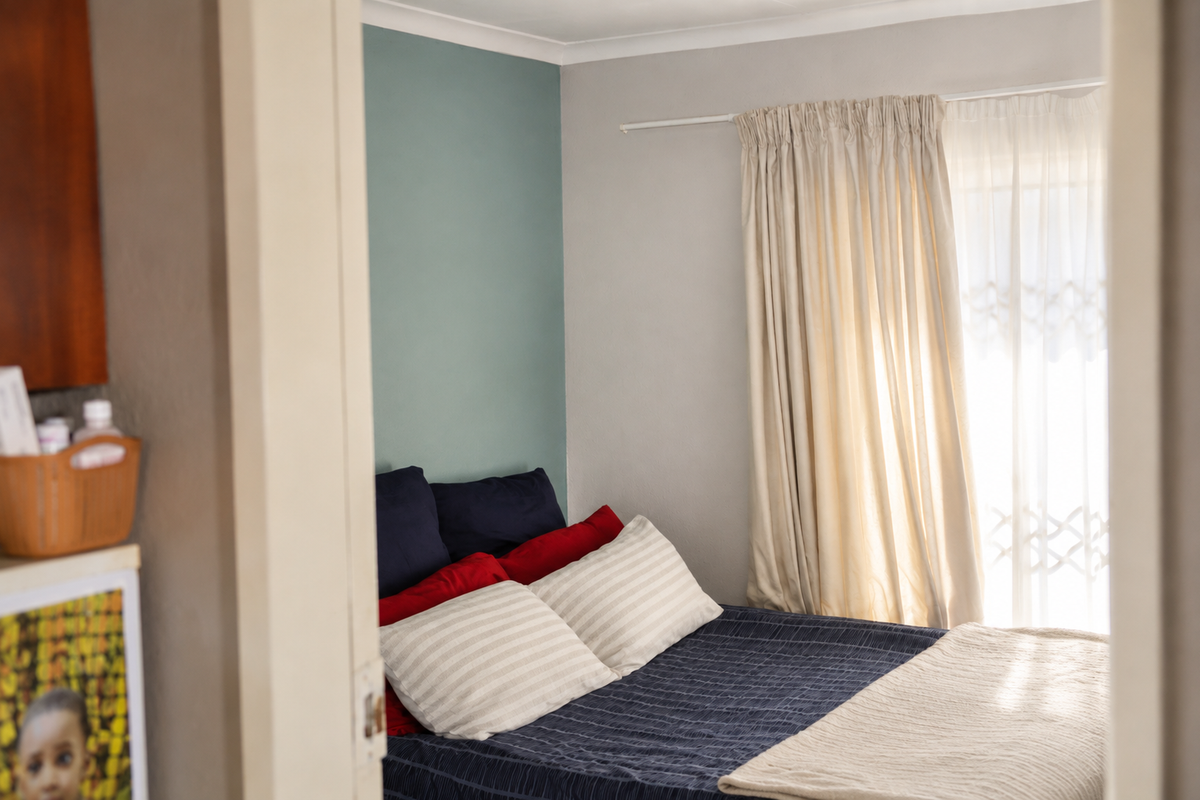 A view into a bedroom featuring a neutral color palette with a soft green accent wall and natural light from the window.