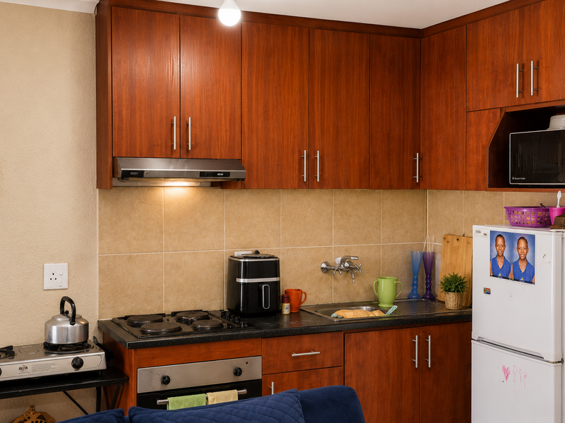 A functional kitchen featuring wood-finish cabinetry, tiled backsplash, built-in oven, extractor fan, and integrated microwave storage, providing a practical workspace.