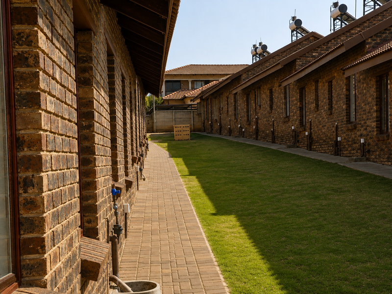 A view of the exterior rear area of the townhouse complex, featuring face brick facades, a paved walkway, and a well-maintained lawn.