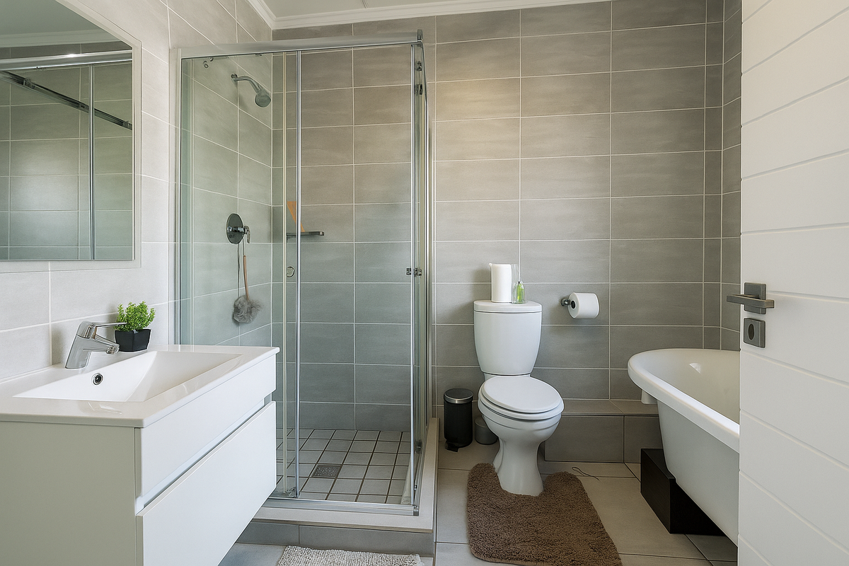 Modern bathroom featuring a vanity with basin, glass shower enclosure, toilet, and a classic freestanding bathtub with neutral wall and floor tiling.