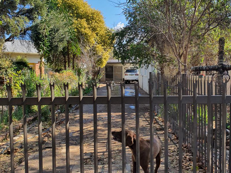 Front view of the property featuring a metal security gate and a paved driveway leading to the main entrance.