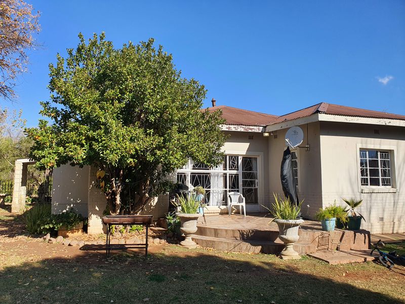 Rear view of the house featuring a tiled patio area, security gates, and a mature garden setting.