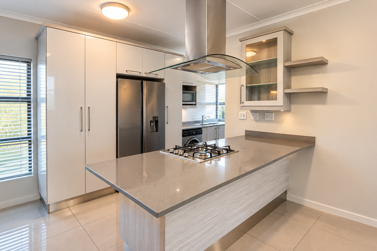 Modern kitchen featuring sleek white cabinetry, stone countertops, a gas cooktop with a stainless steel extractor fan, and high-quality tiled flooring.