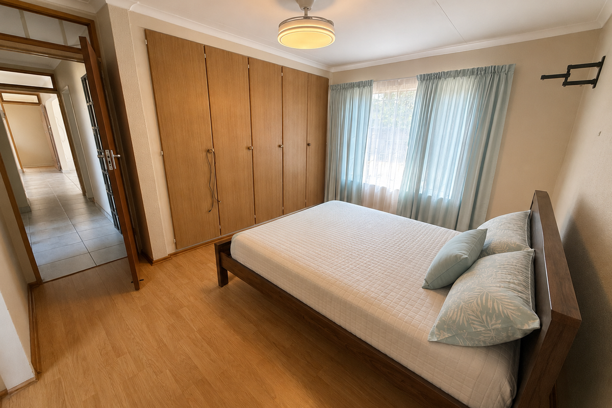 A well-maintained bedroom featuring built-in wooden cupboards, laminate flooring, and a ceiling fan, offering a functional and comfortable living space.