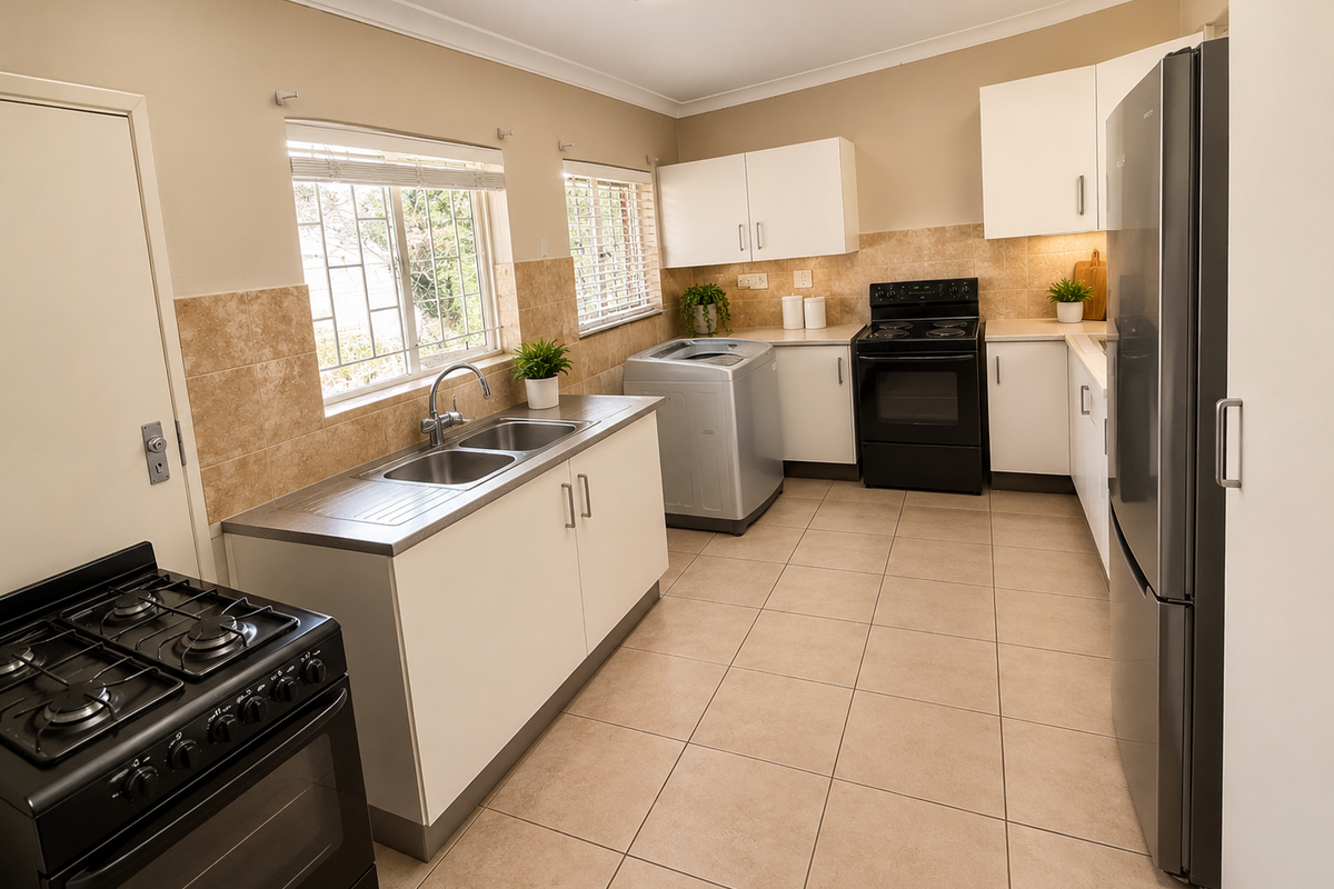A functional kitchen featuring tiled flooring, a double basin sink, built-in cabinetry, and a tiled backsplash with security bars on the windows.