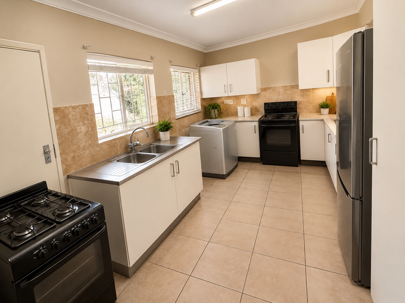 A functional kitchen featuring tiled flooring, a double basin sink, built-in cabinetry, and a tiled backsplash with security bars on the windows.