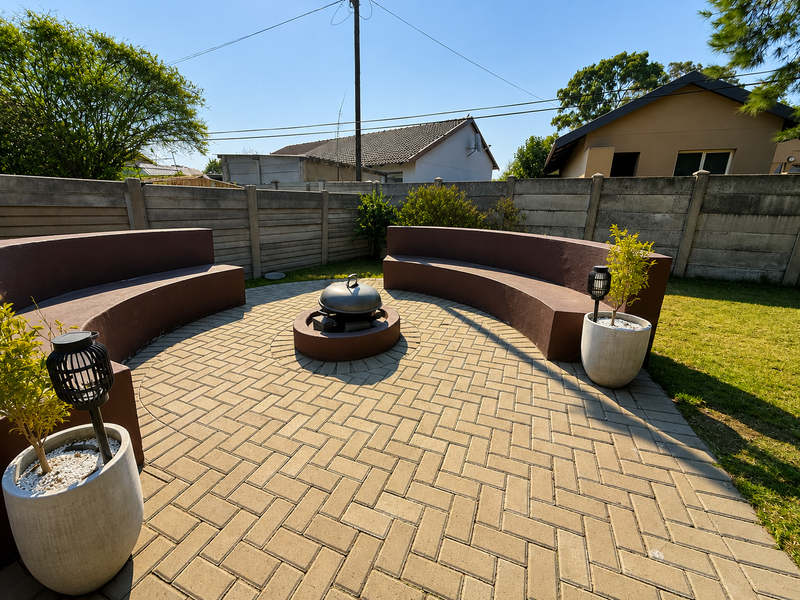 Outdoor entertainment area featuring a paved patio with a built-in fire pit and curved concrete seating, enclosed by a precast boundary wall.