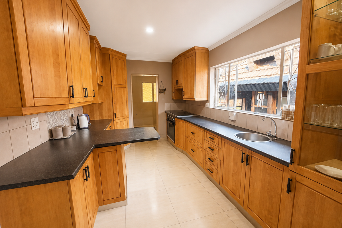 A functional kitchen featuring warm-toned wooden cabinetry, dark laminate countertops, a stainless steel sink, and tiled flooring with a view to an adjacent utility area.
